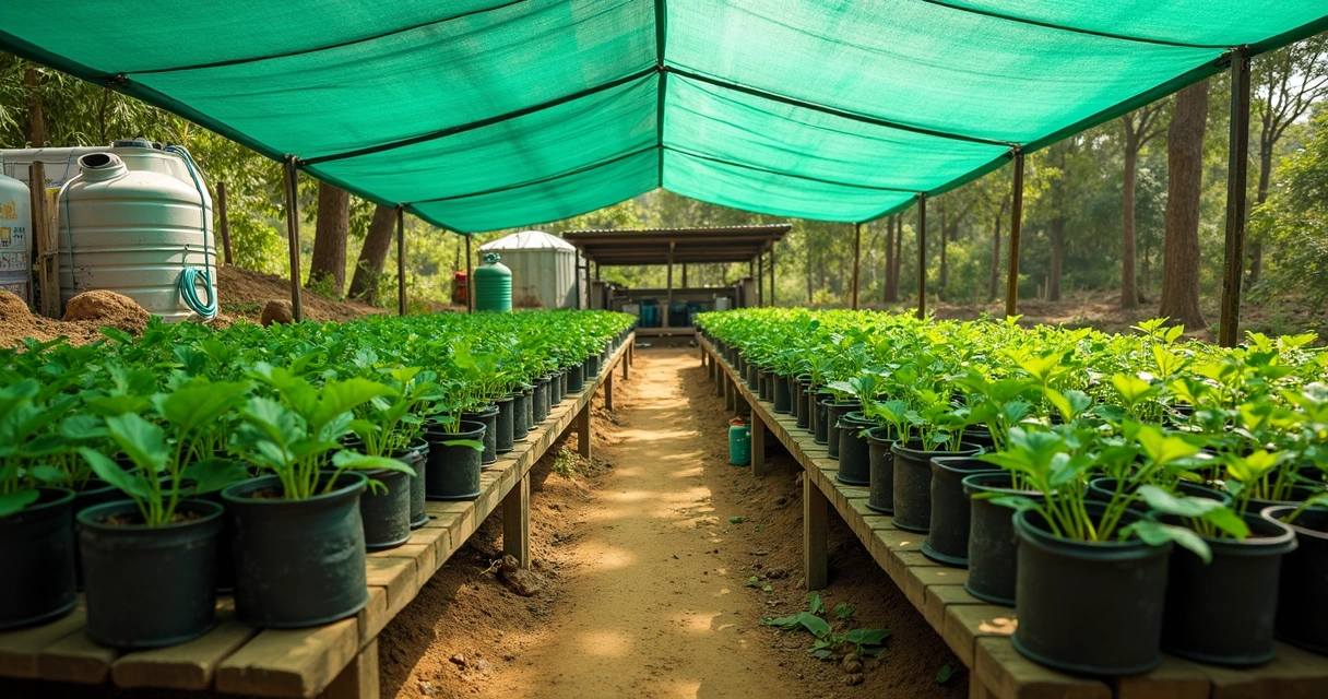 Viveiro comunitário com mudas de moringa em bancadas