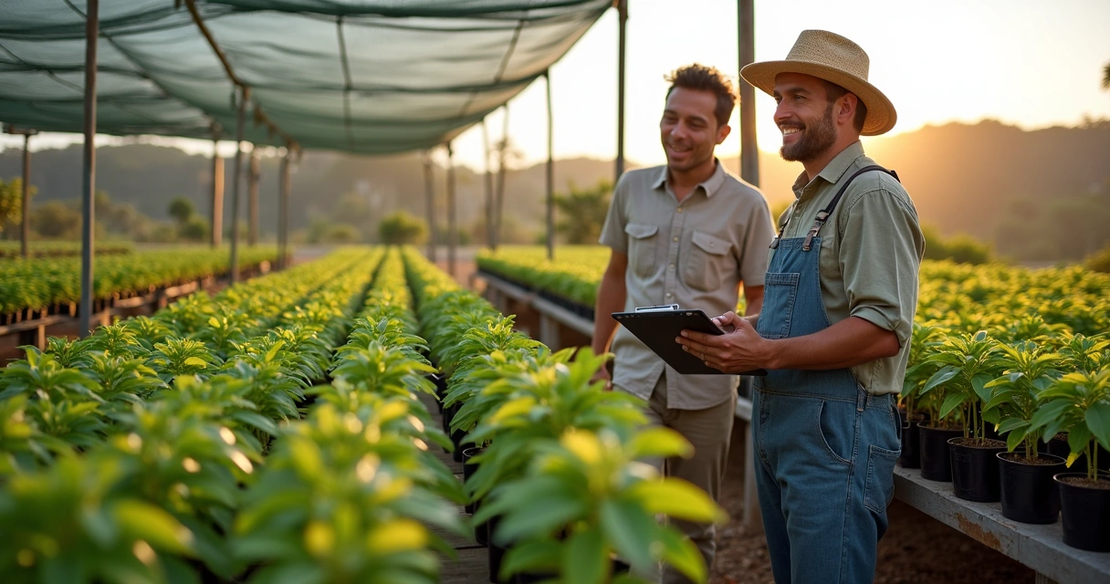 Produtor de viveiro mostrando mudas saudáveis para cliente em ambiente organizado 