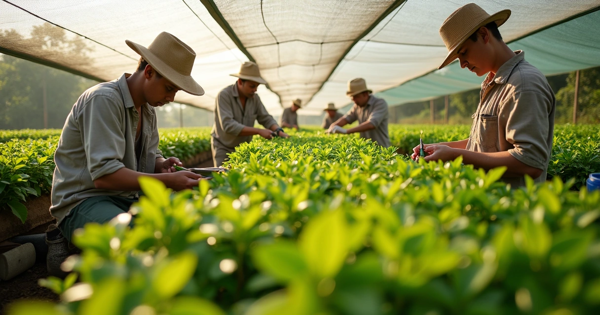 Viveiro de mudas de café e cacau com trabalhadores analisando as plantas 