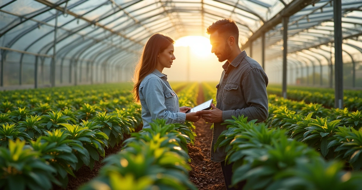 Gestor analisando mudas em viveiro moderno 
