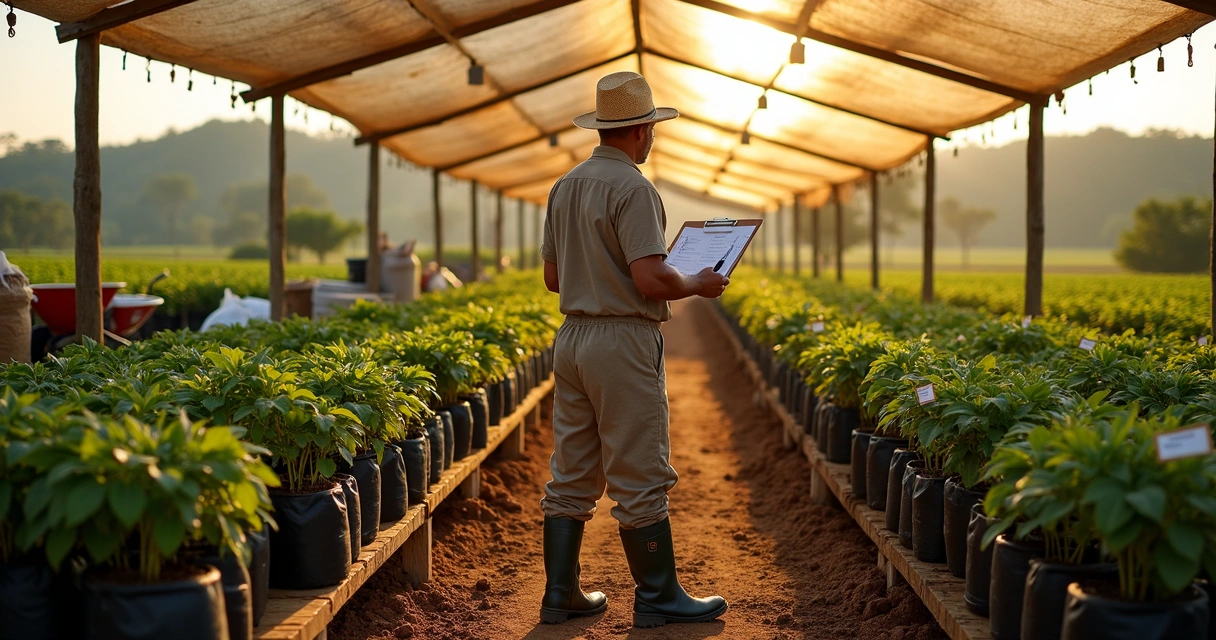 Produtor organizando viveiro de mudas de café e cacau antes da safra anual 