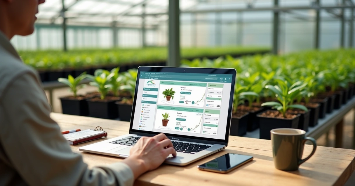 Produtor em viveiro de mudas gerenciando vendas online no notebook 