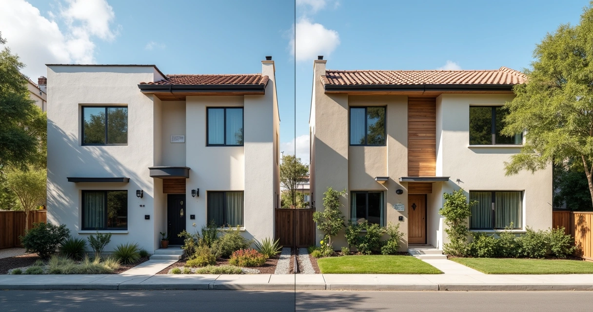 Comparação lado a lado de imóvel vizinho antes e depois de obra ao lado com detalhes visíveis 