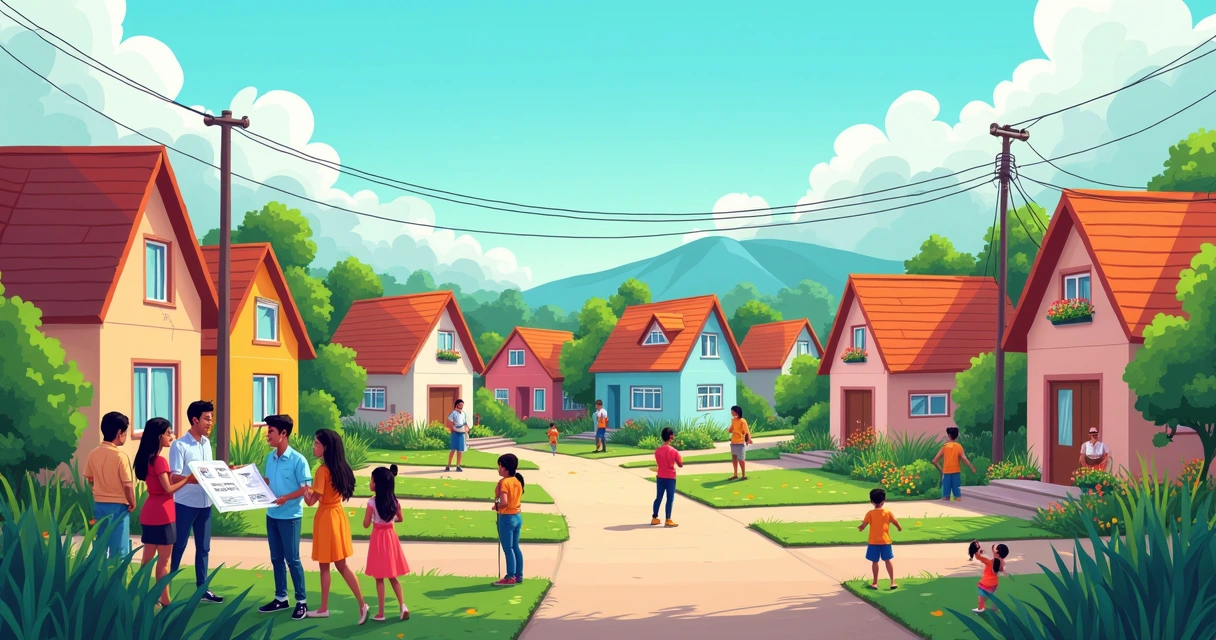 Ilustração de uma vizinhança urbana com pessoas discutindo regularização fundiária, casas coloridas e melhorias na infraestrutura.