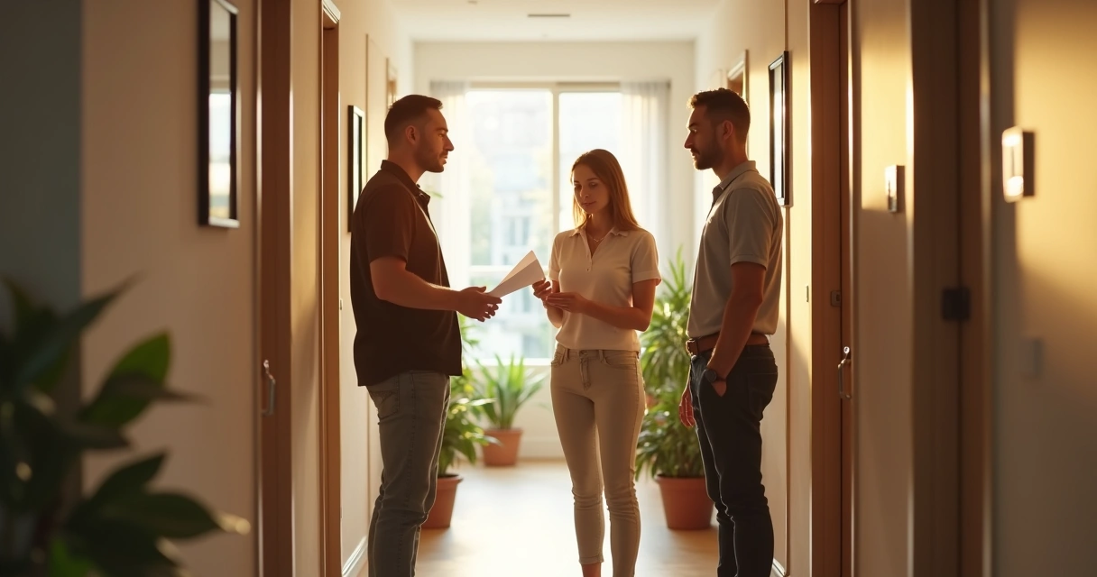 Dois vizinhos conversando calmamente com mediadora no corredor do prédio 