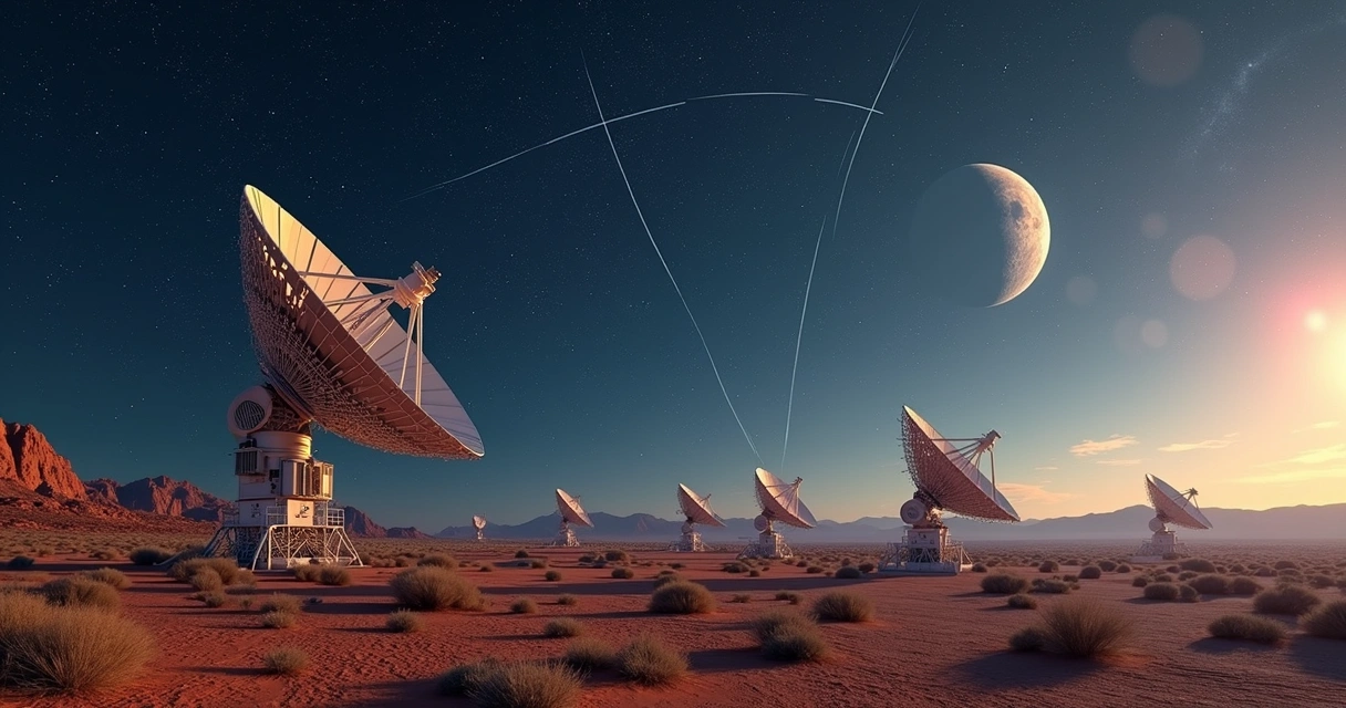 Antenas de radiotelescópios conectadas com um satélite no espaço 