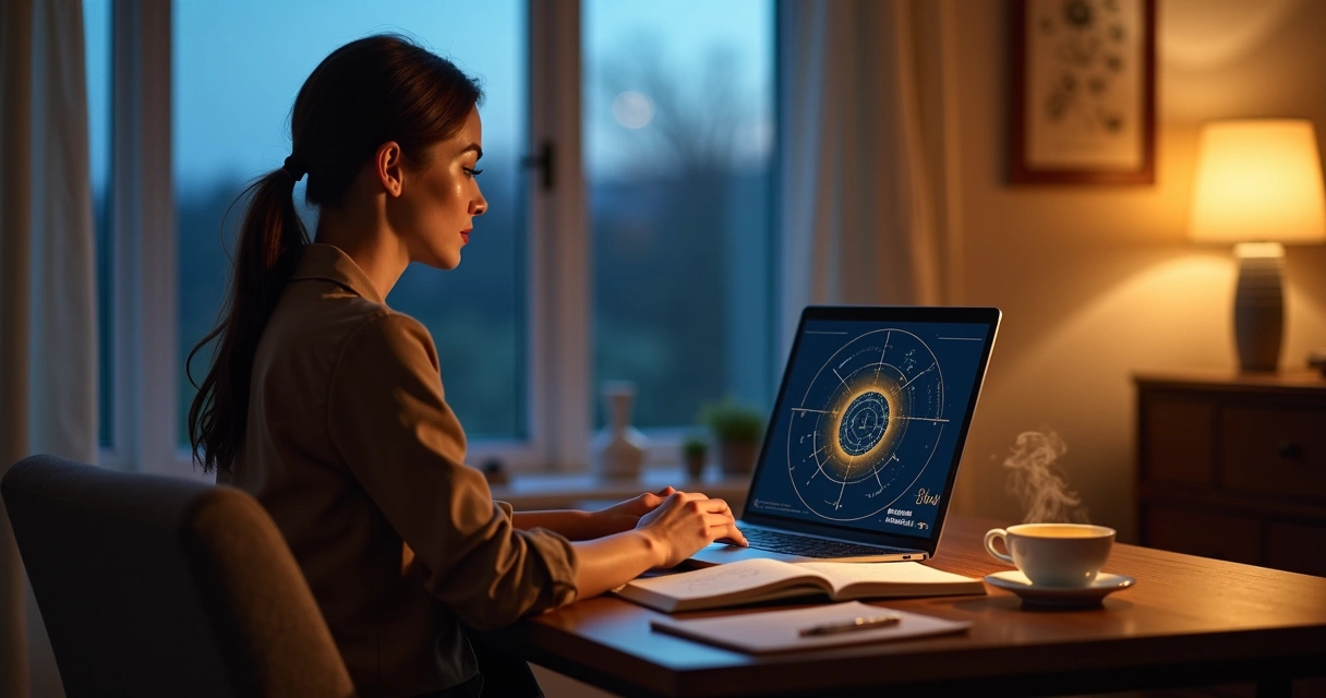 Mulher olhando mapa astral com laptop e símbolos de carreira 