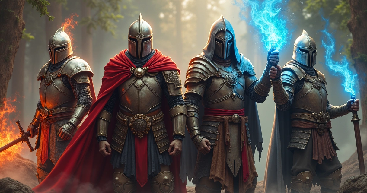 Quatro personagens de Tibia representando as vocations knight, sorcerer, druid e paladin em pose heroica, com armaduras detalhadas e magias ao redor 
