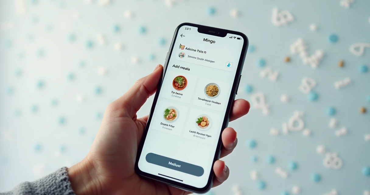 Hand holding phone with Mingo app showing meal entry by voice 