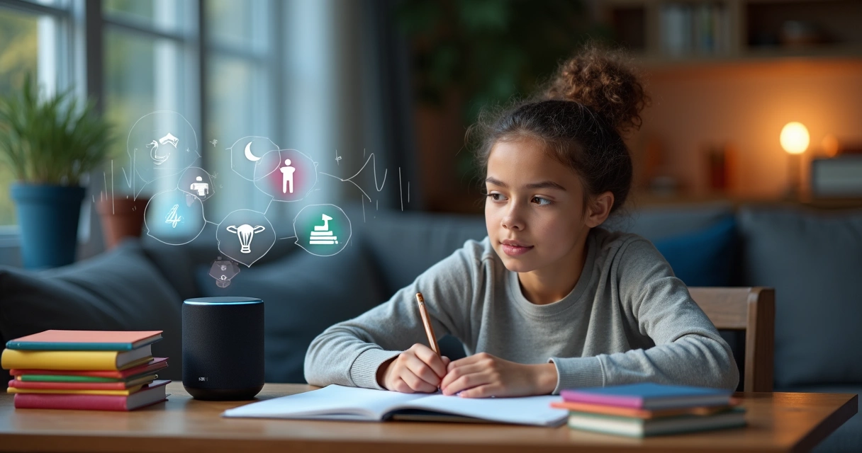 Aluna usando assistente de voz para estudar em casa 
