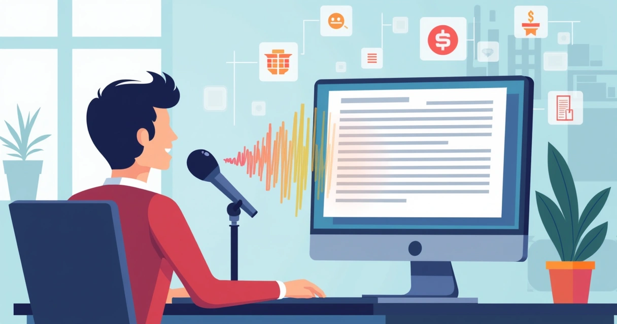 Man speaking into a microphone with visualized sound waves around 