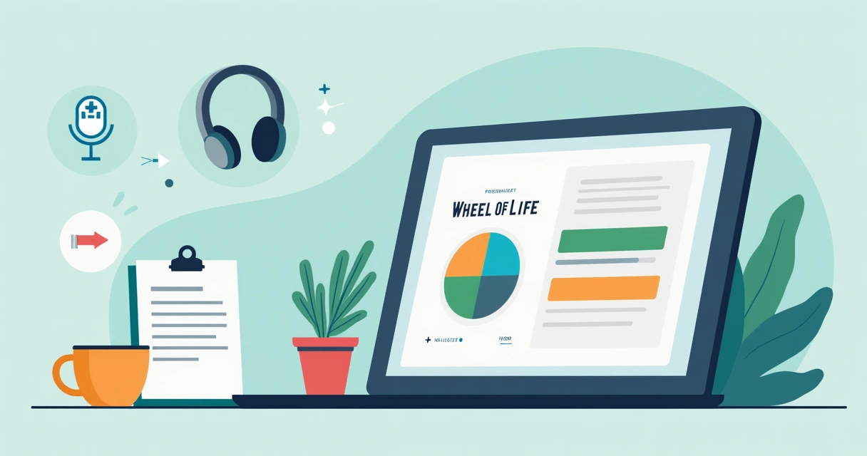 Tablet showing Wheel of Life app with voice and text reflection options 