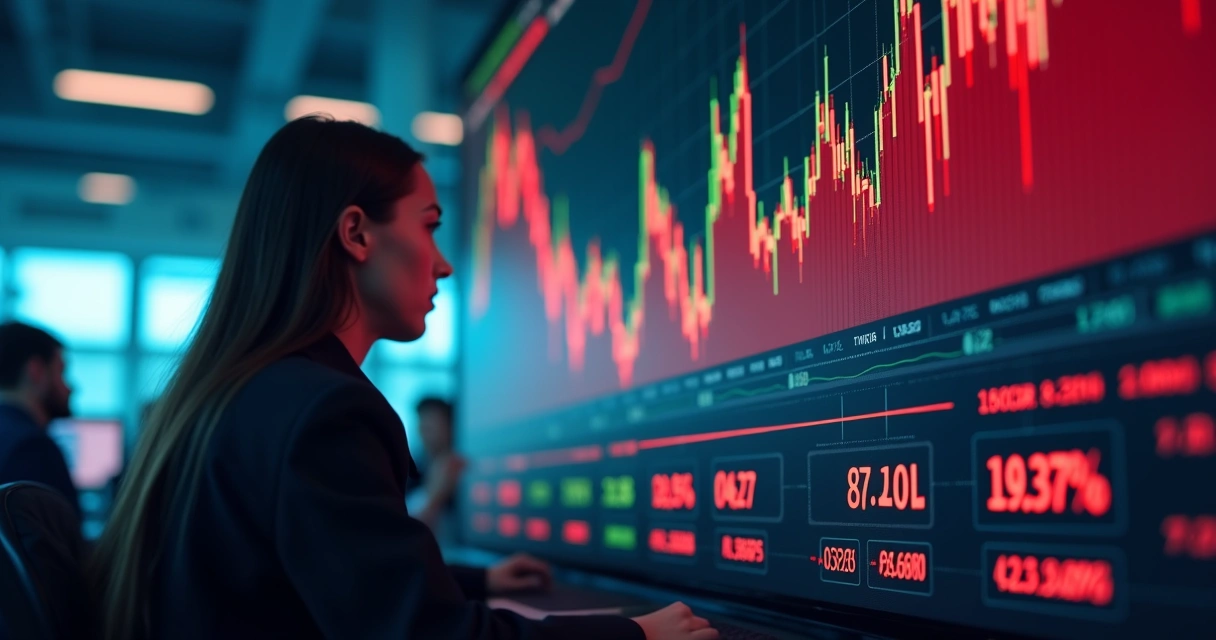 Queda brusca em gráfico de mercado financeiro, representando volatilidade 