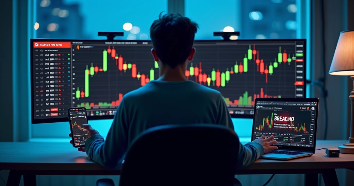 Trader analisando gráficos voláteis em vários dispositivos durante notícia urgente 