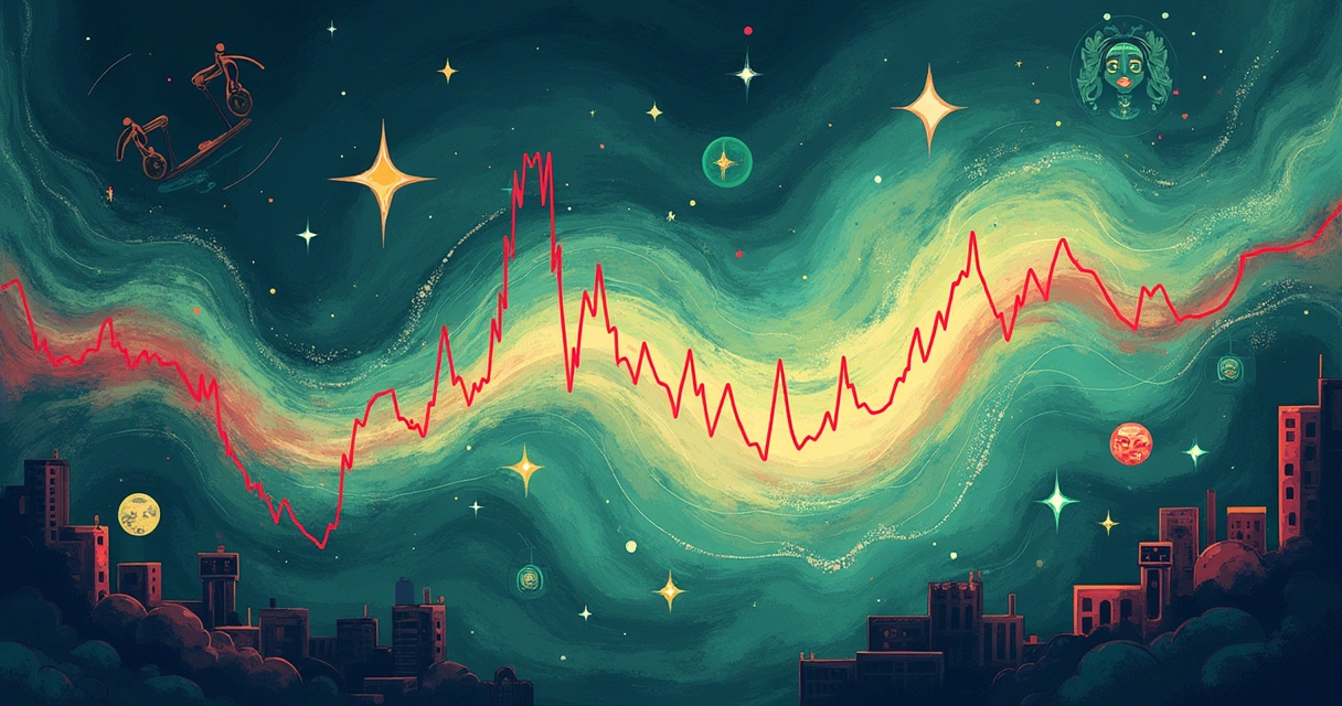 Ilustração da volatilidade de mercado com gráfico dinâmico e representações de fatores econômicos, políticos e proteção.