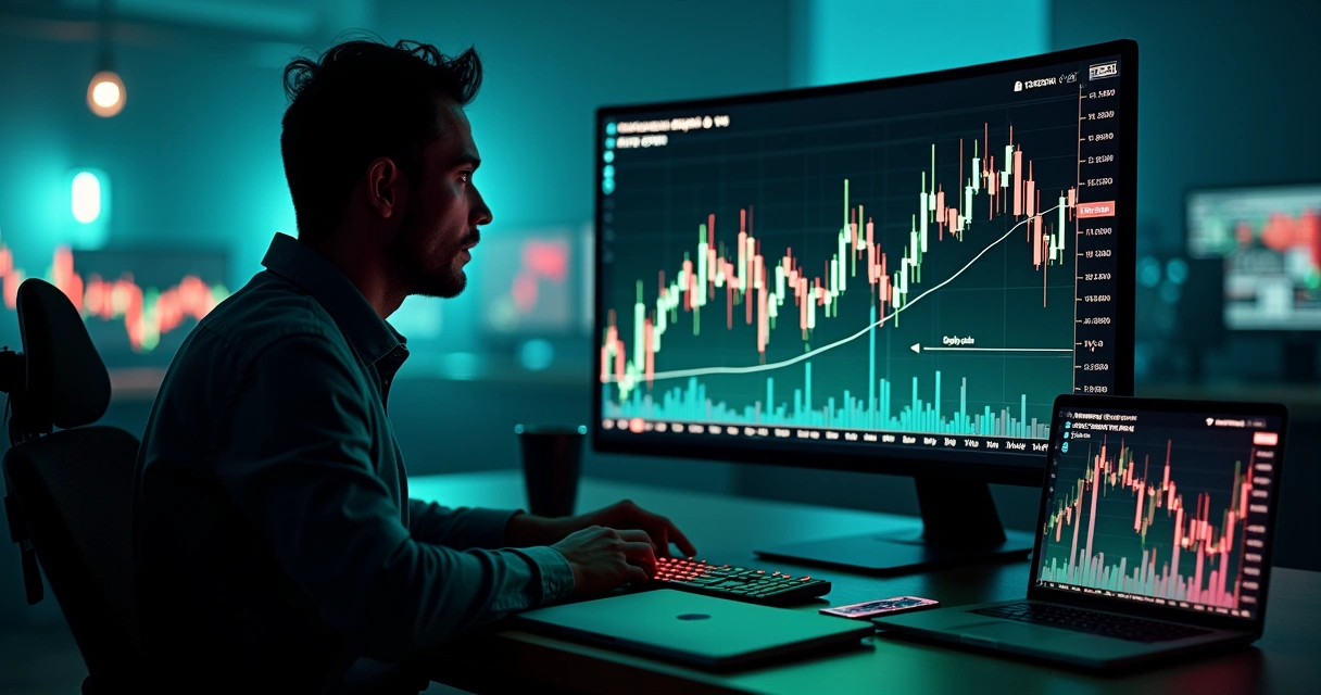 Gráfico financeiro volátil em tela com investidor analisando após evento 