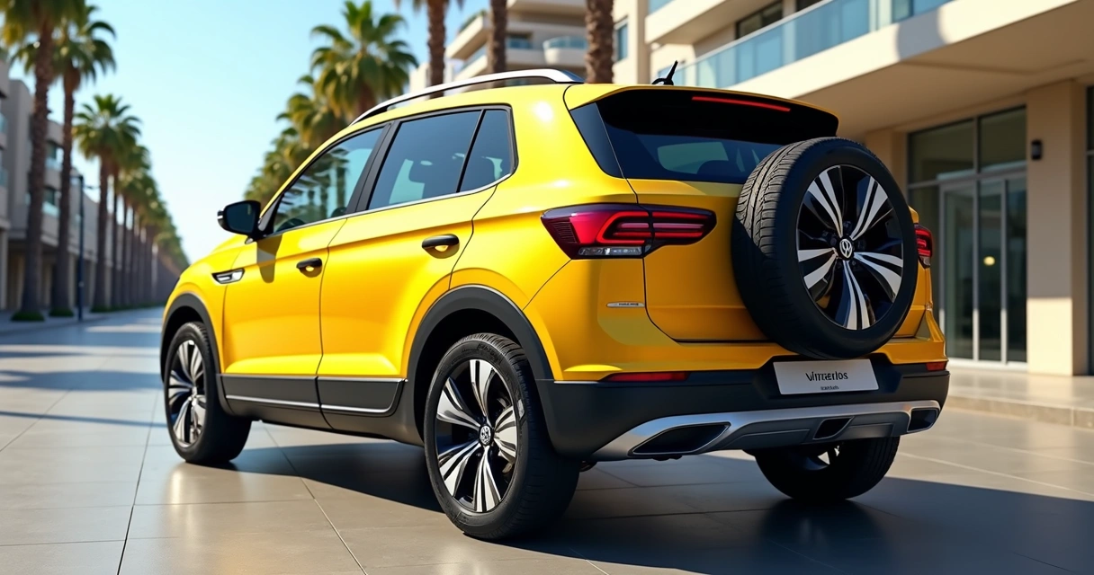 Volkswagen CrossFox amarelo com estepe na tampa traseira em rua urbana