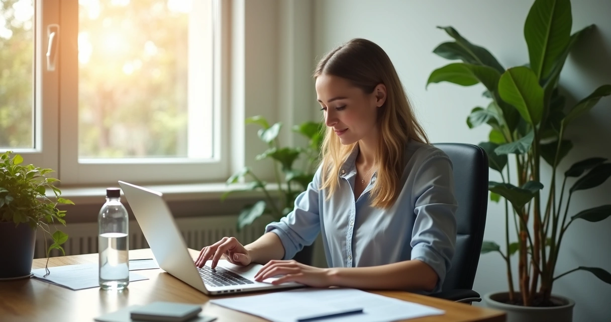 Mulher sentada em mesa de escritório digitando no laptop, segurando uma garrafinha de água 