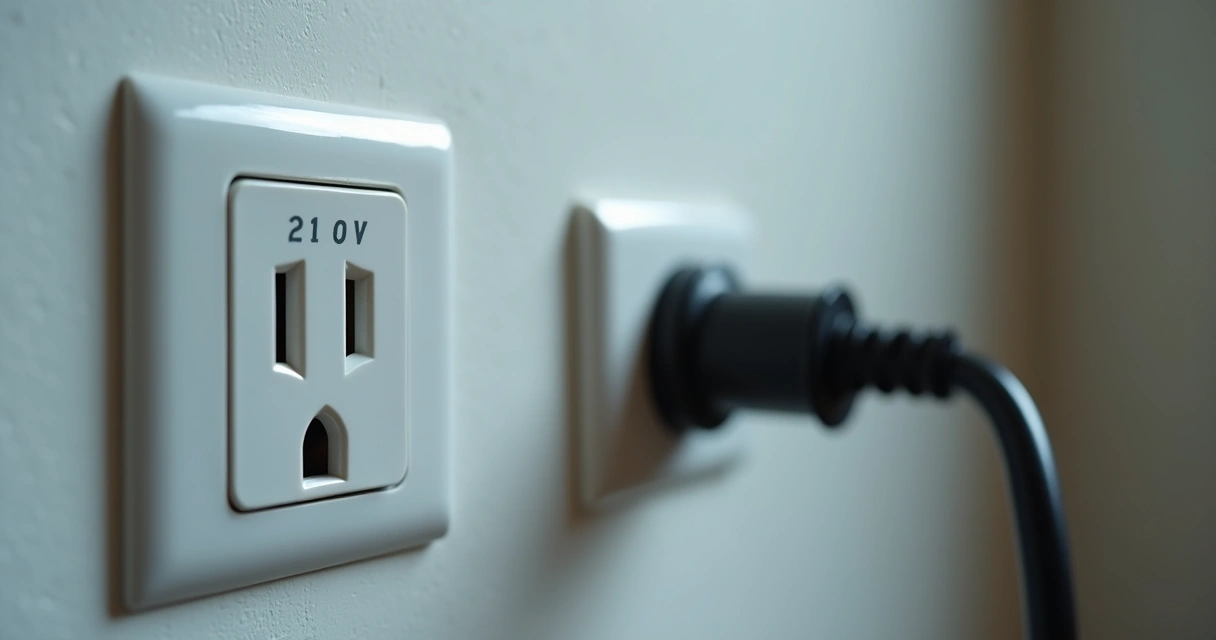 Etiqueta de voltagem em eletrodoméstico próxima à tomada 