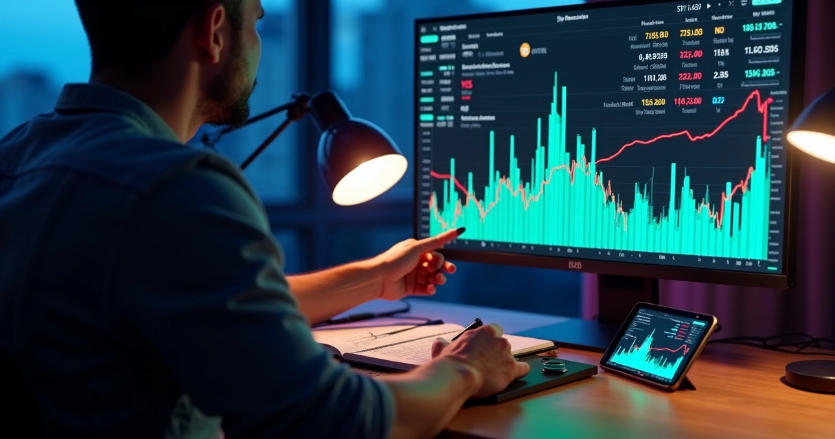 Gráfico de volume negociado alto em tela de computador com investidor analisando dados 