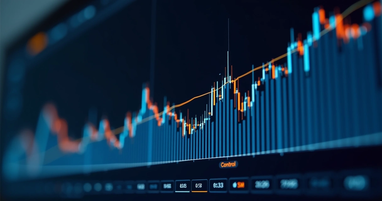 Volume profile histogram draping over a candlestick chart 