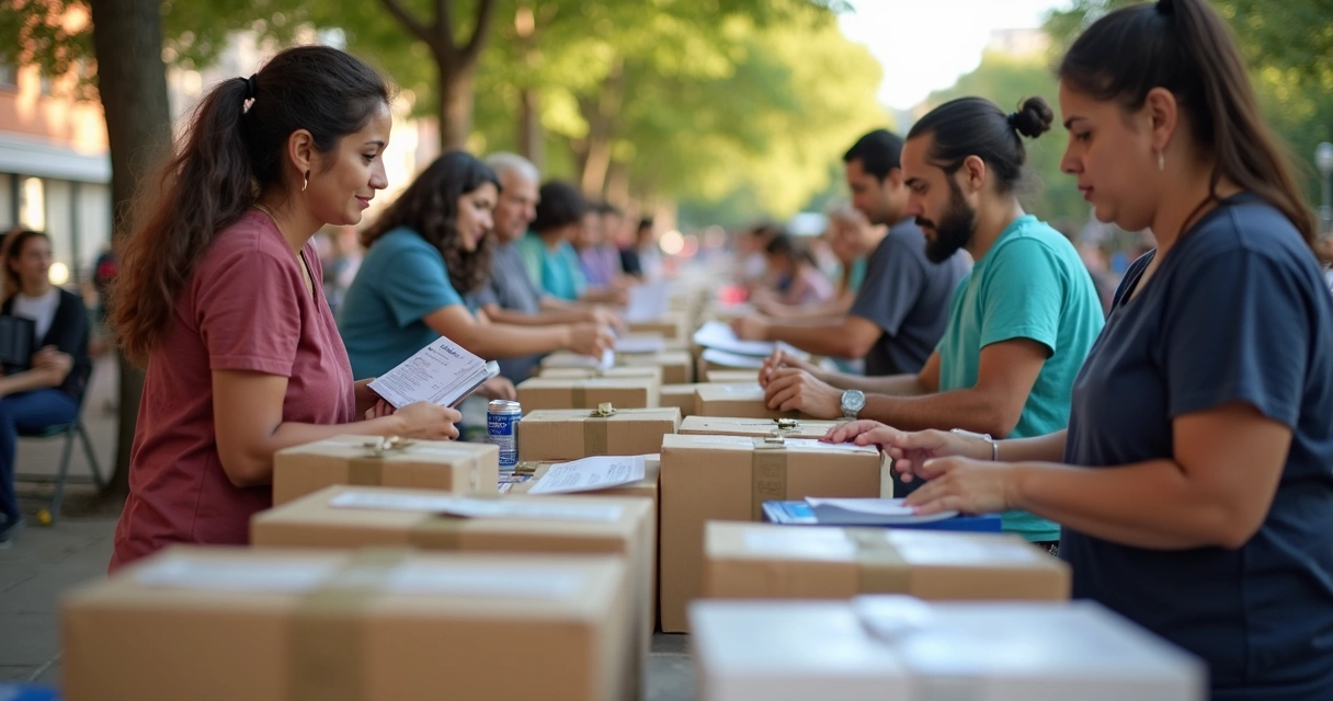 Pessoas organizando ação coletiva de voluntariado 