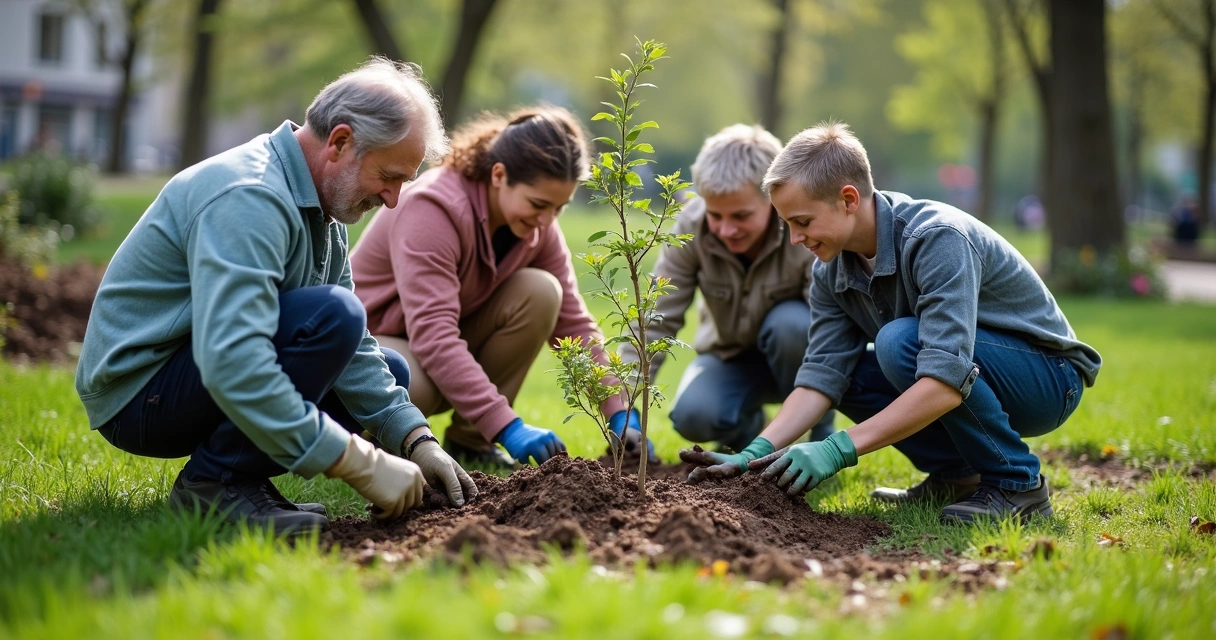 Pessoas de diferentes idades plantando árvores juntas