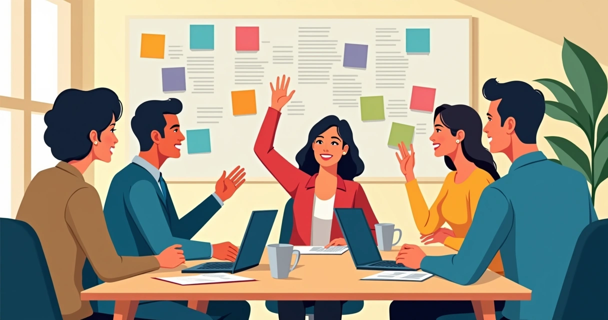 Grupo de voluntários planejando comunicação colaborativa em sala de reunião 