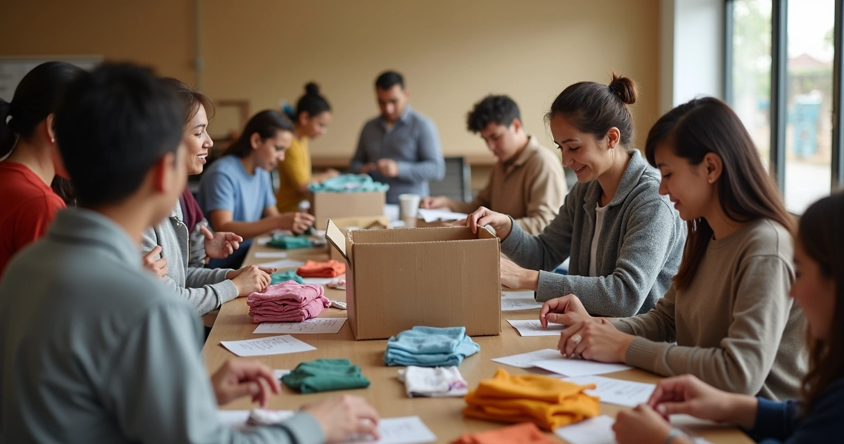 Grupo de voluntários organizando doações 