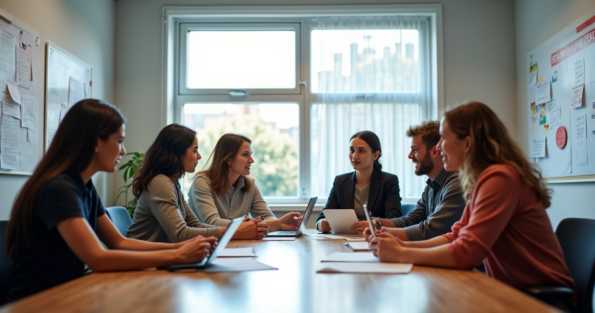 Colaboradores em reunião de voluntariado discutindo projetos em empresa 