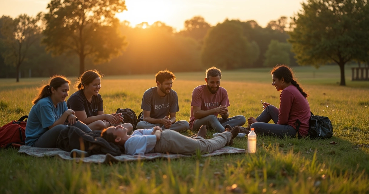 Voluntarios descansando en un campo de césped
