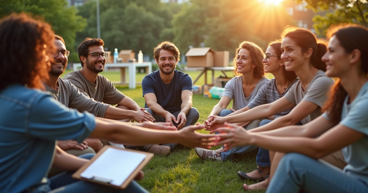 Grupo diverso de voluntários em roda de conversa ao ar livre com gesto de união no centro 