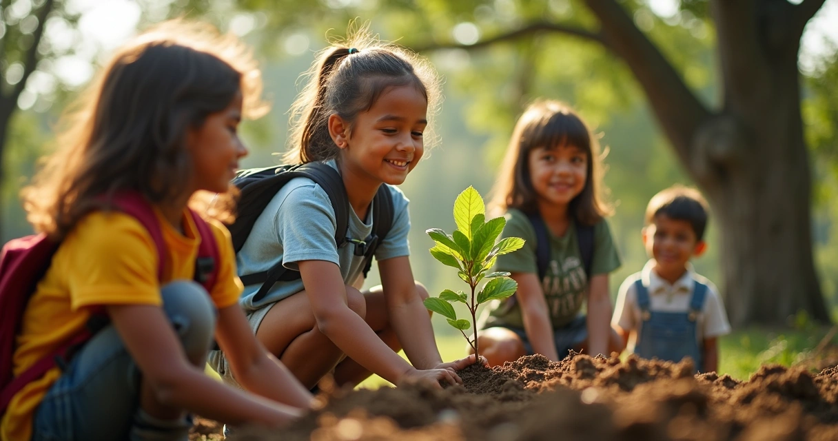 Estudante com mochila ajudando em ação voluntária em comunidade local