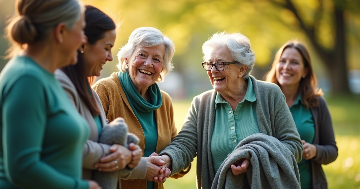 Grupo de pessoas voluntárias ajudando idosos ao ar livre 
