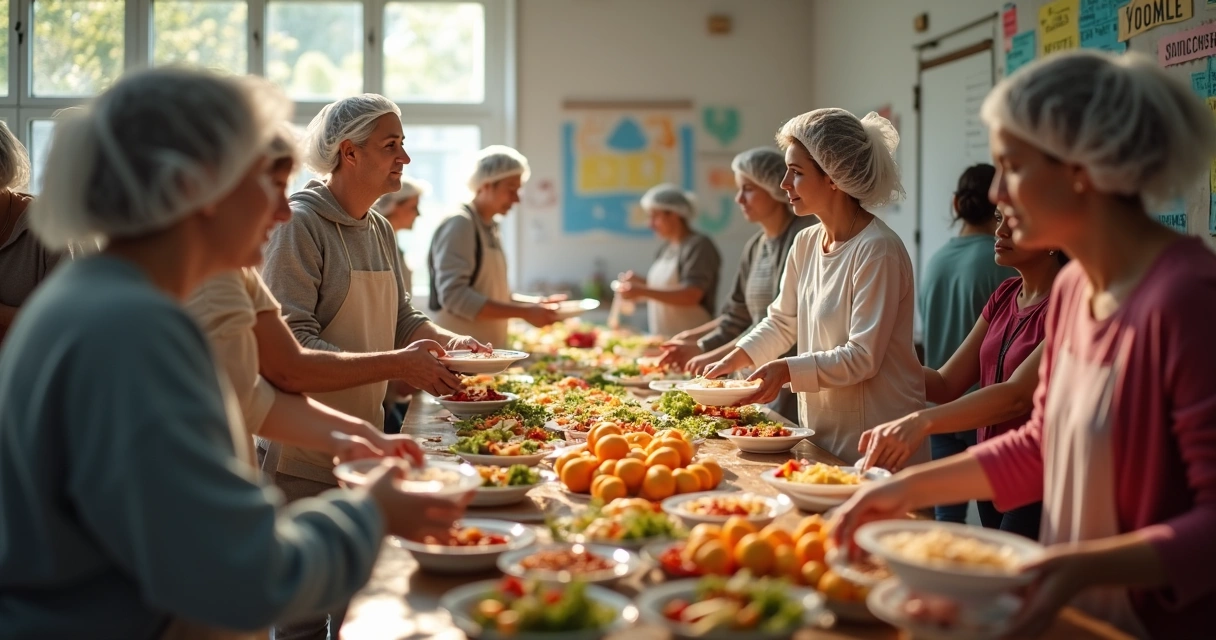 Pessoas servindo refeições a outras em ação voluntária em ambiente comunitário. 