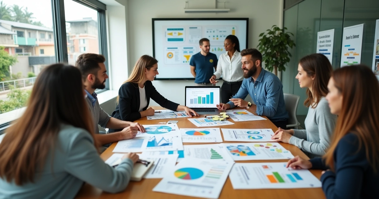 Equipe de voluntários corporativos medindo impacto social em projeto comunitário 