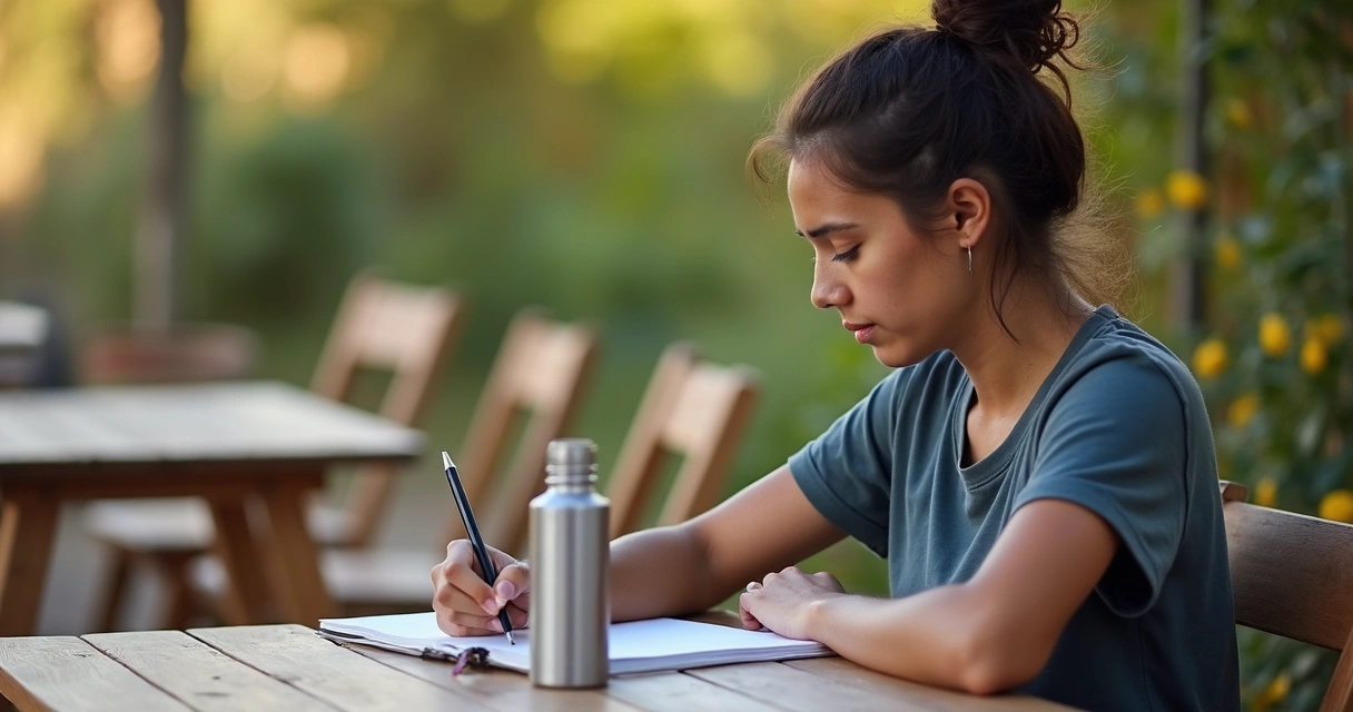 Pessoa voluntária escrevendo em caderno após ação social