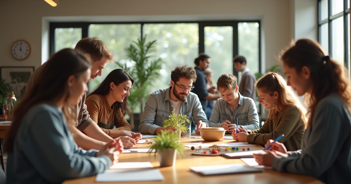 Grupo de voluntários trabalhando juntos em um espaço comunitário 