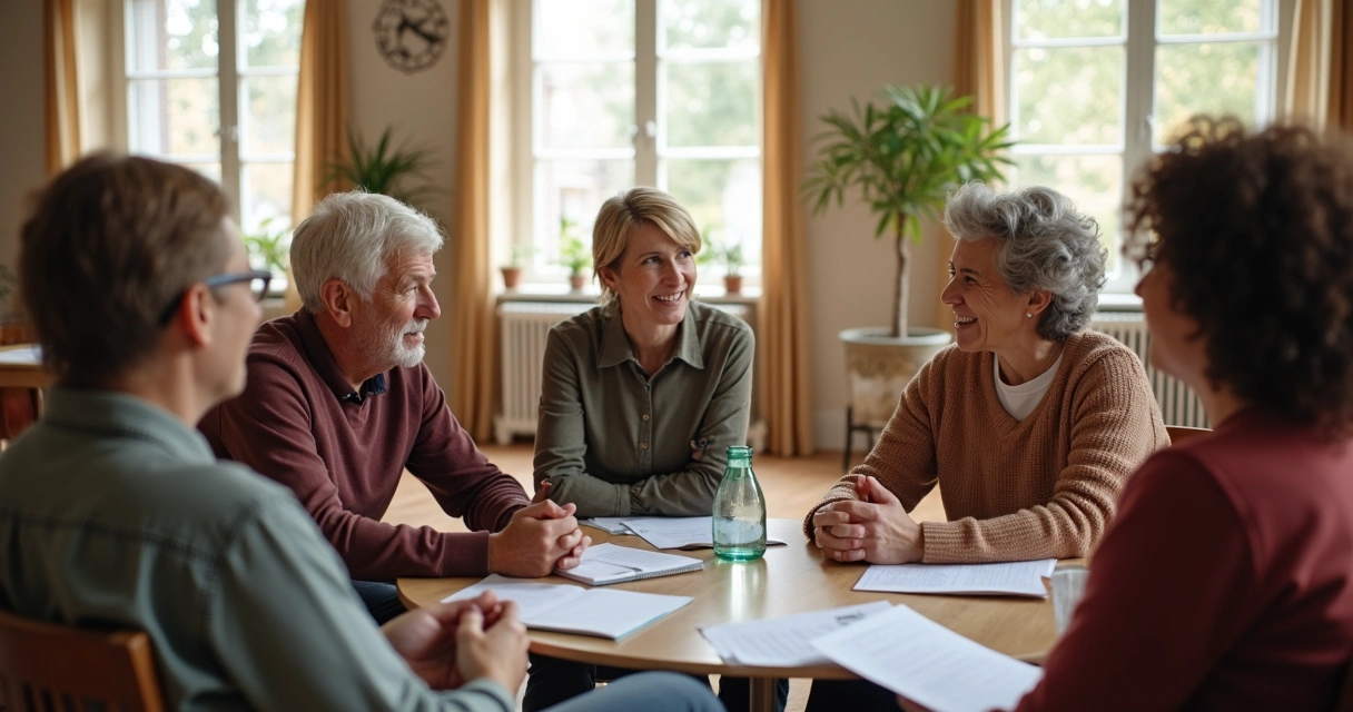 Grupo de voluntarios conversando sentados en círculo