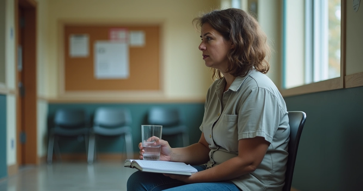 Voluntario sentado en una pausa con libreta y vaso de agua 
