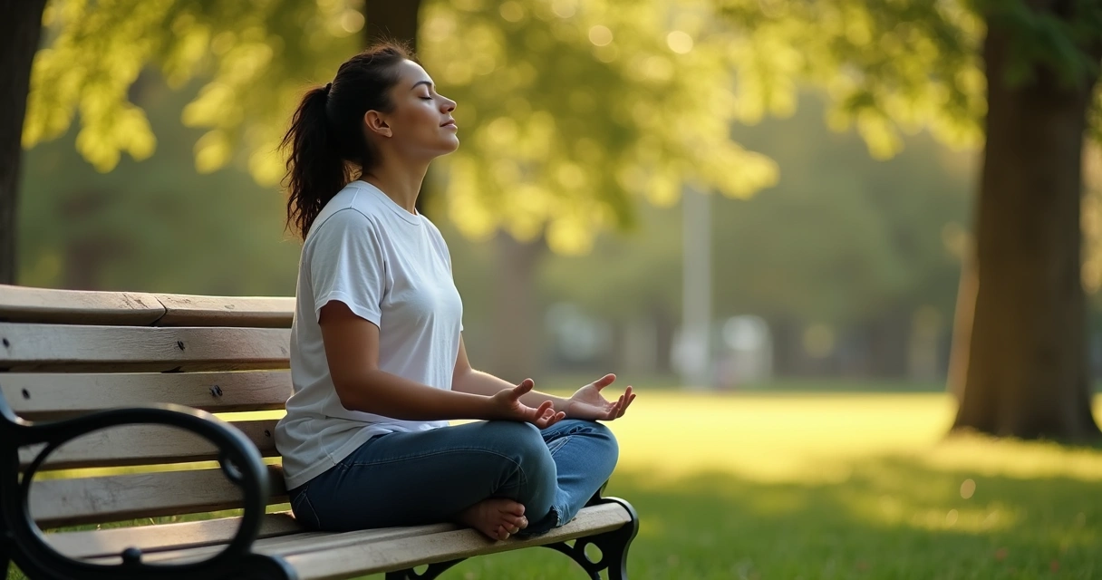 Pessoa voluntária em momento de pausa, meditando sentada em um banco 