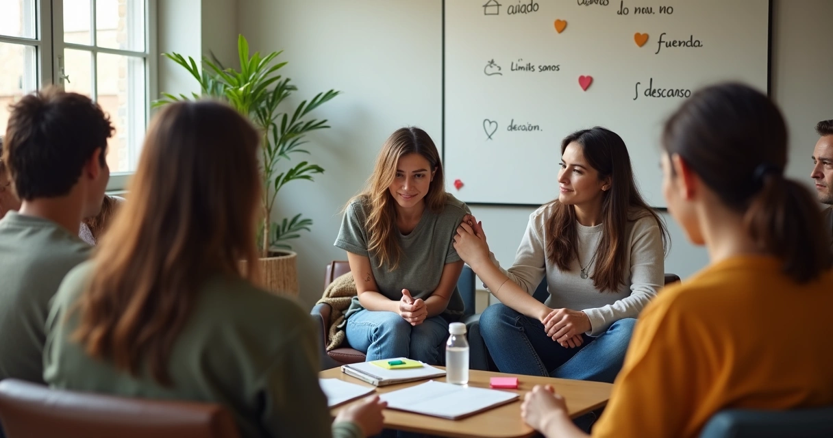 Voluntarios conversando cansados en reunión de apoyo emocional 