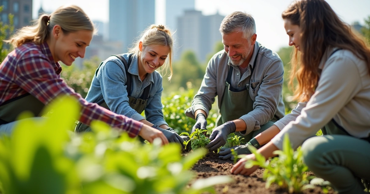 Voluntarios colaborando en jardín comunitario