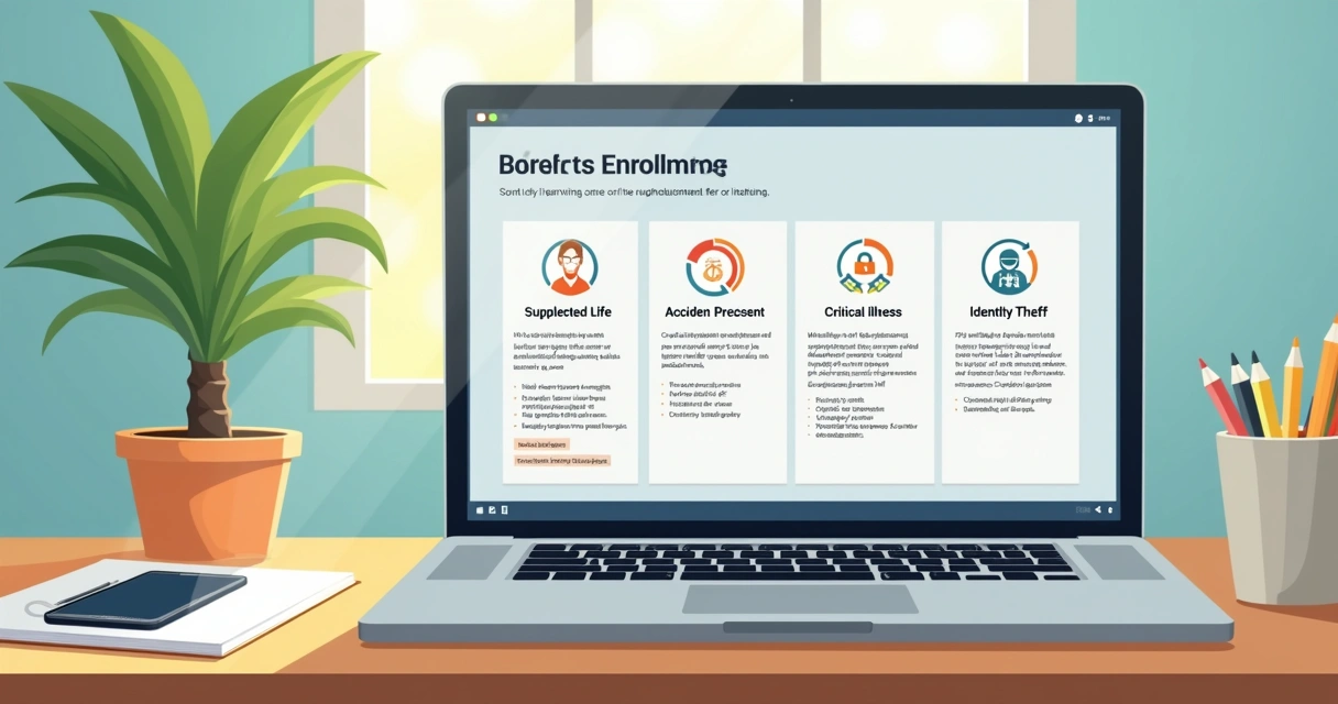 Laptop screen displaying voluntary benefit options including life, accident, and ID theft protection 