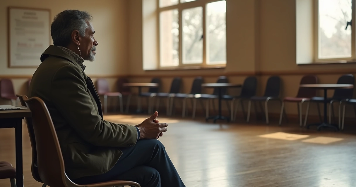 Volunteer sitting alone after a meeting in quiet reflection