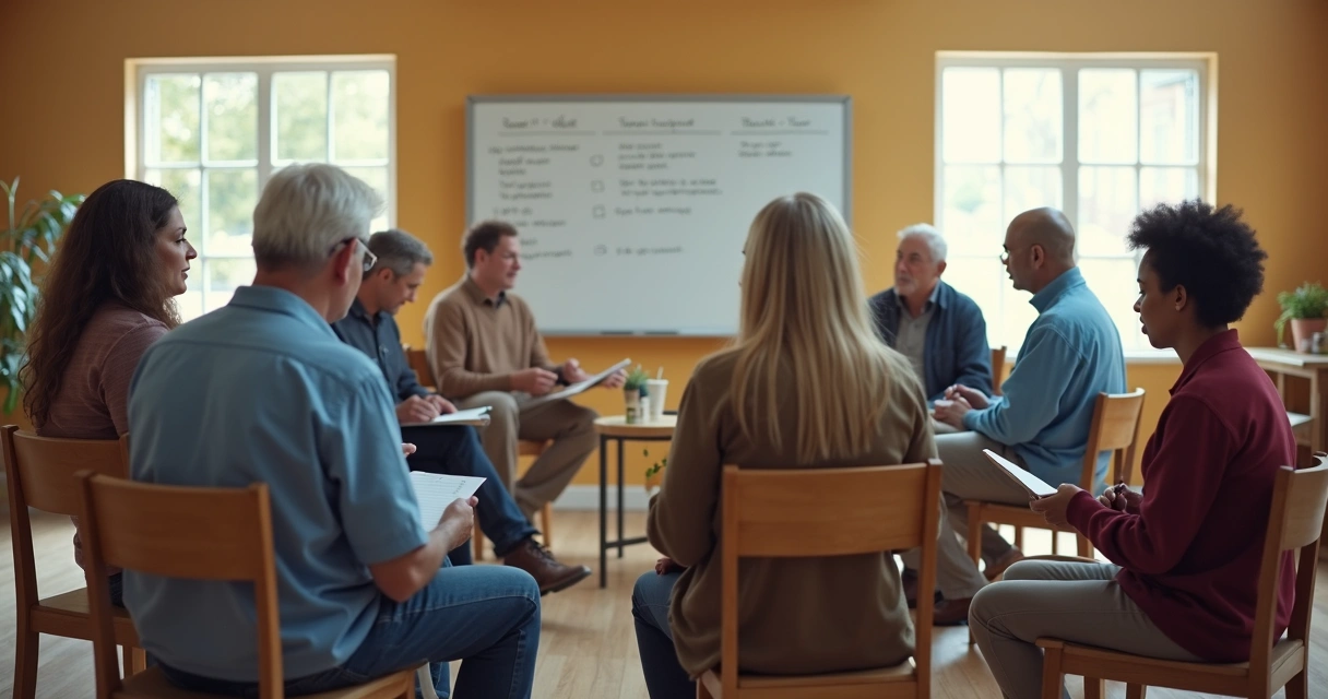 Volunteers seated in a circle during a planning meeting 
