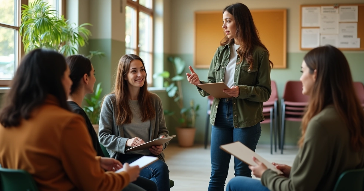 Volunteers in a circle sharing feedback after a project