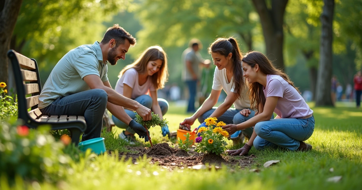Diverse volunteers cleaning a public park, working together with smiling faces