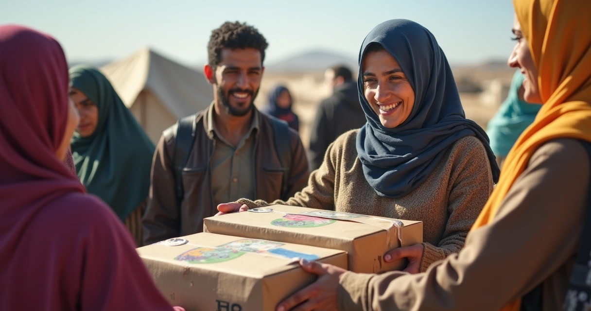 Person volunteering distributing food aid to refugees