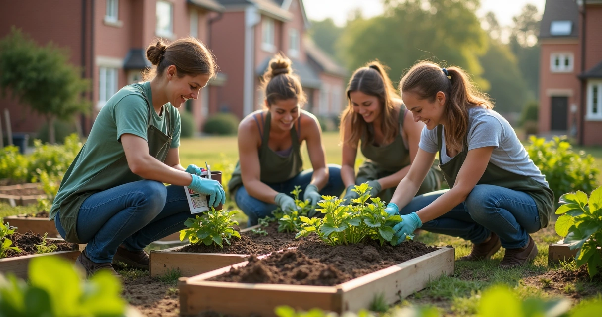 Volunteers working together in a neighborhood garden